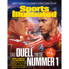 Titelbild der deutschen Ausgabe von „Sports Illustrated“ (Februar 2025). Eine Collage zeigt Michael Schumacher und Lewis Hamilton in roten Ferrari-Rennanzügen, die sich intensiv anblicken. Im Hintergrund ist ein Formel-1-Rennen mit einem Ferrari-Boliden z