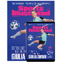 Titelbild der deutschen Ausgabe von Sports Illustrated (04/2025) mit der DFB-Kapitänin Giulia Gwinn, sie trägt ein türkis-schwarzes Trikot mit pinken Akzenten und hebt das Bein, als würde sie einen Ball schießen.