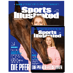 Titelbild der Sports-Illustrated-Ausgabe 06/2025 mit Dressur-Reiterin Jessica von Bredow-Werndl. Die Olympiasiegerin trägt einen rosa Hoodie und steht eng an ein braunes Pferd geschmiegt, das sanft ihren Kopf berührt. Oben wird zusätzlich das Ranking der