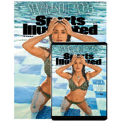 Titelseite des Magazins „Sports Illustrated Swimsuit 2025“ mit der Schauspielerin Salma Hayek Pinault. Sie steht knietief in einem Pool mit blau-weissem Kachelmuster, trägt einen olivgrünen Bikini und eine goldene Körperkette mit türkisfarbenem Anhänger.