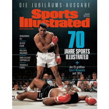 Titelseite der Jubiläumsausgabe von Sports Illustrated Deutschland, die 70 Jahre des Magazins feiert. Im Zentrum ist ein berühmtes Boxfoto von Muhammad Ali zu sehen, wie er nach einem gewonnenen Kampf über seinem am Boden liegenden Gegner steht.