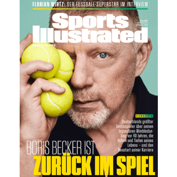 Titelbild der deutschen Ausgabe von Sports Illustrated (03/2025) mit Boris Becker, der drei gelbe Tennisbälle in einer Hand hält und sich damit teilweise das Gesicht verdeckt. Er blickt ernst in die Kamera.