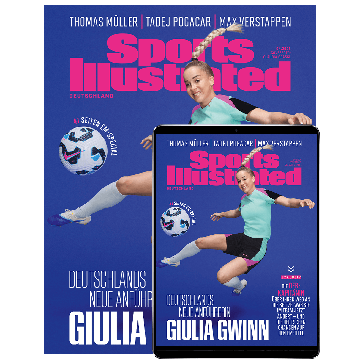 Titelbild der deutschen Ausgabe von Sports Illustrated (04/2025) mit der DFB-Kapitänin Giulia Gwinn, sie trägt ein türkis-schwarzes Trikot mit pinken Akzenten und hebt das Bein, als würde sie einen Ball schießen.