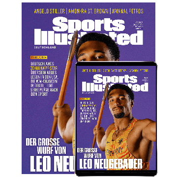 Titelbild der Sports-Illustrated-Ausgabe 05/2025. Im Mittelpunkt steht Zehnkämpfer Leo Neugebauer in einem gelb-orangefarbenen Deutschland-Trikot mit schwarzem Adler-Emblem, der einen Speer hält und selbstbewusst in die Kamera blickt. Die Titelschrift ver