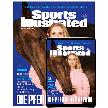 Titelbild der Sports-Illustrated-Ausgabe 06/2025 mit Dressur-Reiterin Jessica von Bredow-Werndl. Die Olympiasiegerin trägt einen rosa Hoodie und steht eng an ein braunes Pferd geschmiegt, das sanft ihren Kopf berührt. Oben wird zusätzlich das Ranking der