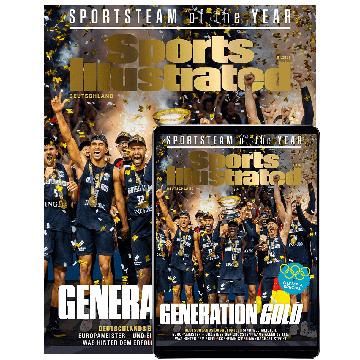 Titelbild der Sports-Illustrated-Ausgabe 01/2026. Zu sehen ist die deutsche Basketball-Nationalmannschaft, die jubelnd den goldenen Siegerpokal in die Höhe hält. Die Spieler tragen schwarze Deutschland-Trikots mit goldenen Medaillen um den Hals, während g