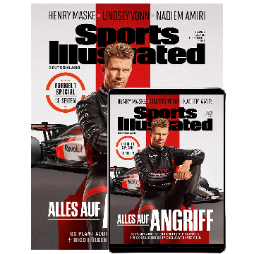 Titelbild der Sports Illustrated Ausgabe 02/2026. Im Mittelpunkt sitzt Rennfahrer Nico Hülkenberg in schwarzer Audi-Rennkleidung vor einem Formel-1-Boliden und blickt konzentriert in die Kamera. Die Titelzeile „Alles auf Angriff“ kündigt ein großes Formel