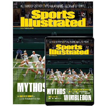 Cover der „Sports Illustrated Deutschland“-Ausgabe 04/2026: Auf einem Tennisplatz sind zahlreiche aktuelle und ehemalige Tennisstars in weißen Spieloutfits zu einer dynamischen Montage zusammengefügt. Im Hintergrund sind die Tribünen eines großen Tennisst