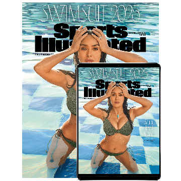 Titelseite des Magazins „Sports Illustrated Swimsuit 2025“ mit der Schauspielerin Salma Hayek Pinault. Sie steht knietief in einem Pool mit blau-weissem Kachelmuster, trägt einen olivgrünen Bikini und eine goldene Körperkette mit türkisfarbenem Anhänger.